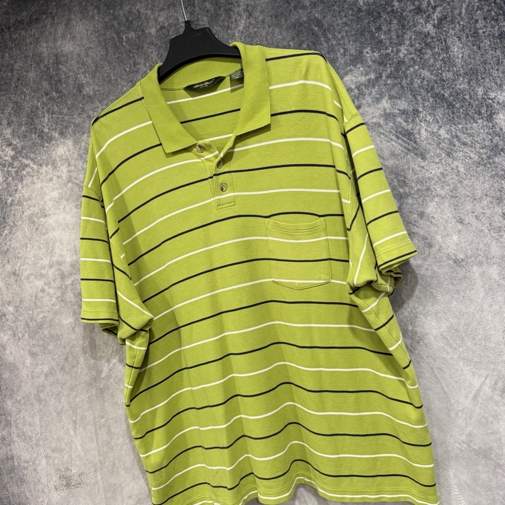 Eddie Bauer Polo Men's Short Sleeve Green Striped Classic Preppy Shirt 2XL